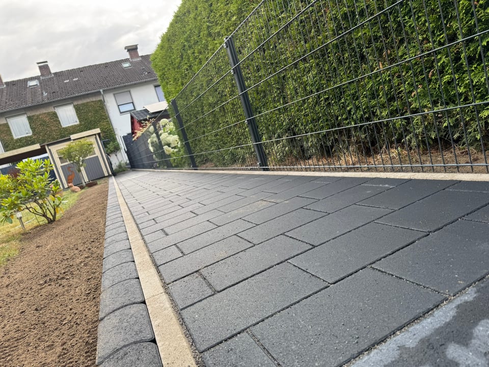 Doppelstabmattenzaun entlang eines gepflasterten Gartenwegs in Gütersloh